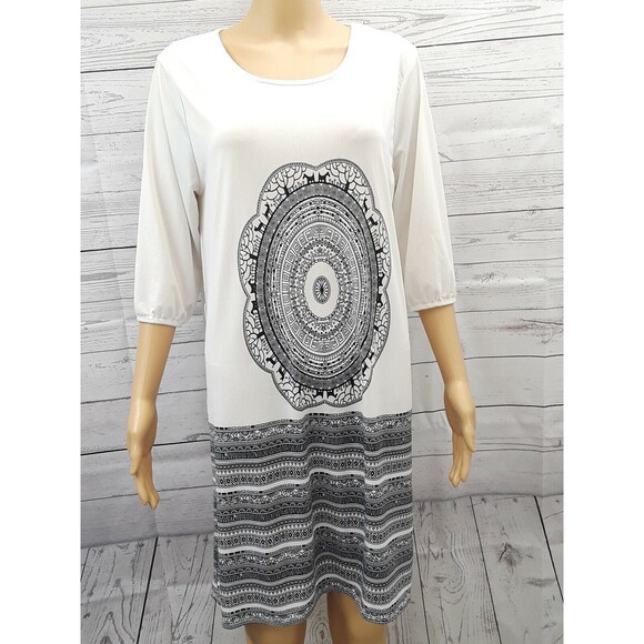5th and Love Dress Shift Black White Aztec Print 3/4 Sleeve  Abstract Sz M - Picture 1 of 12